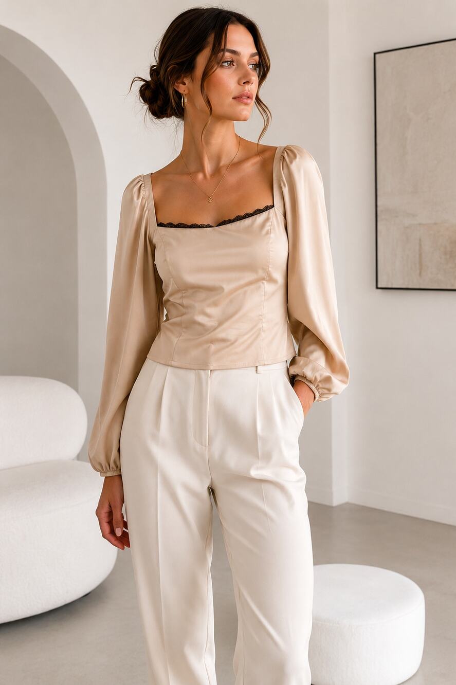 ASTR The Label NWT Blush Satin Long Sleeve‎ Blouse XL Smocked Back Lace Trim Top